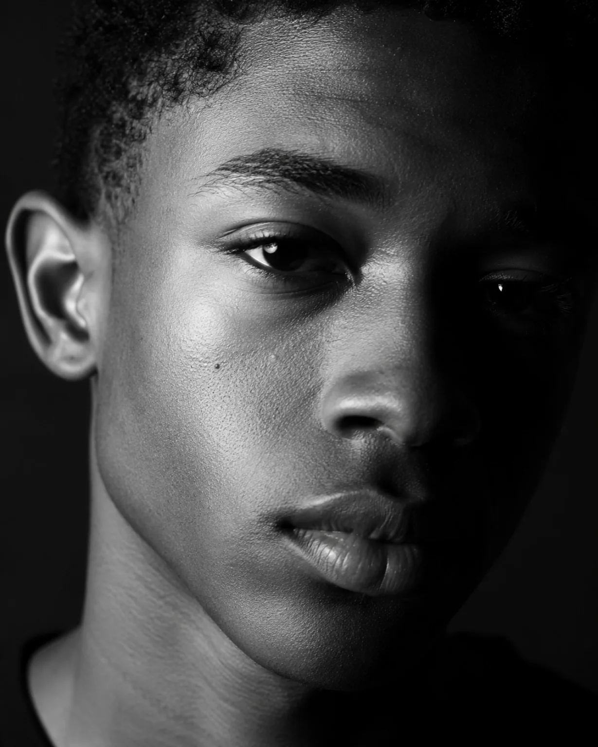 High-contrast black and white portrait